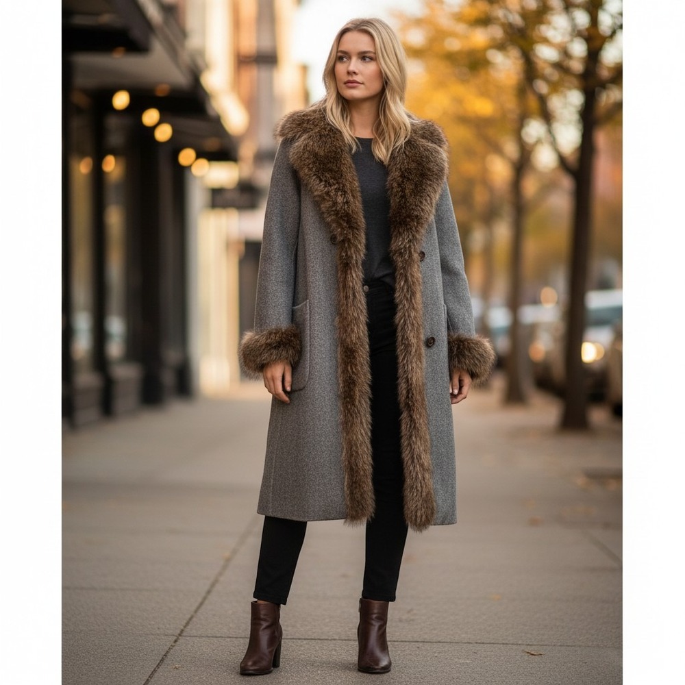Belle‎ Fare Cashmere and Raccoon Fur Trim Coat Size M